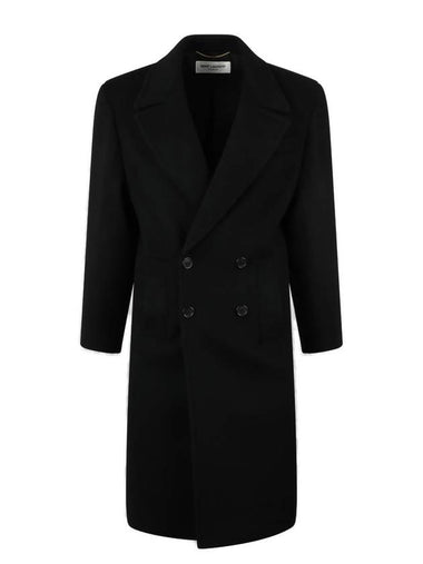 Shoulder Pad Wool Double Coat Black - SAINT LAURENT - BALAAN 1