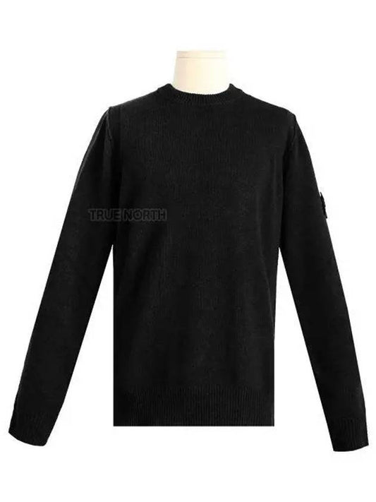 Logo Patch Crew Neck Wool Knit Top Black - STONE ISLAND - BALAAN 2