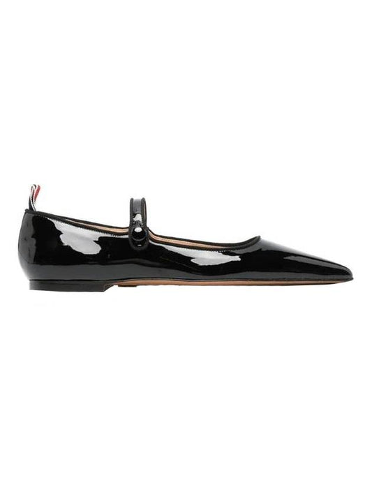 Soft Leather Point Toe Mary Jane Flat Ballerina Shoes Black - THOM BROWNE - BALAAN.