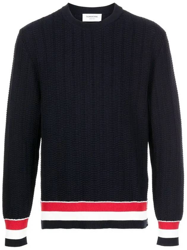 Men's Textured Crew Neck Knit Top Navy - THOM BROWNE - BALAAN 2