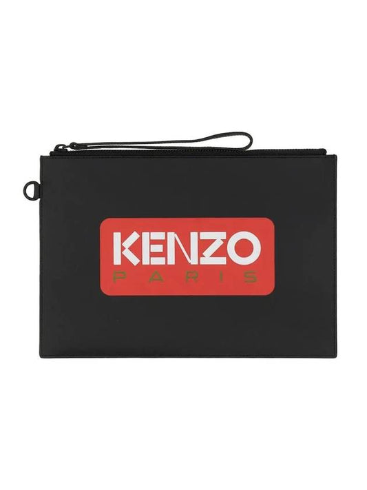 Paris Logo Large Leather Clutch Bag Black - KENZO - BALAAN 1