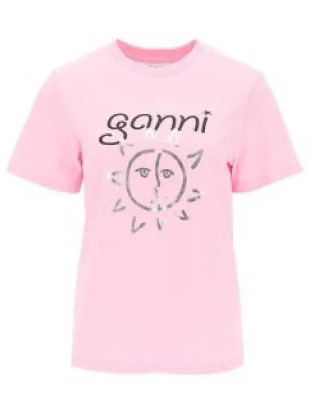 Logo Print Organic Cotton Short Sleeve T-Shirt Pink - GANNI - BALAAN 2