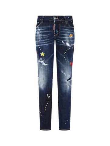 Women's Monster Embroidery Skinny Jeans Washed Indigo 270685 - DSQUARED2 - BALAAN 1