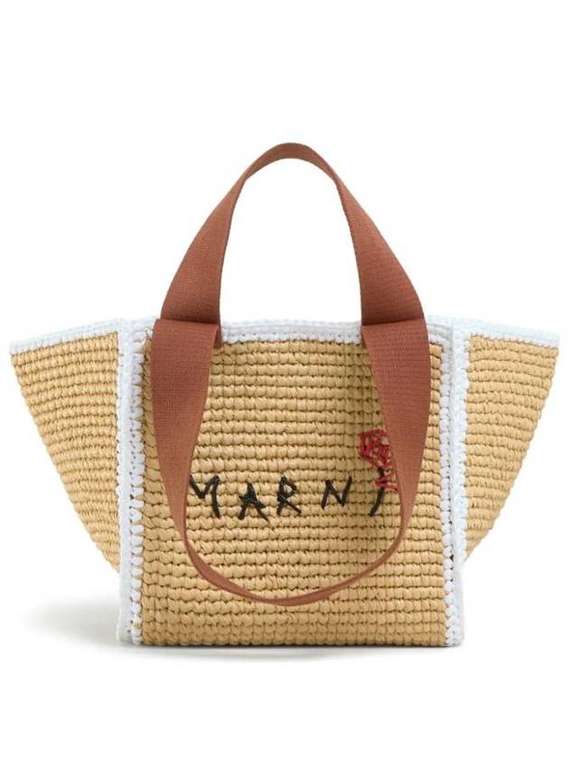 Embroidered Logo Woven Tote Bag Beige - MARNI - BALAAN 1