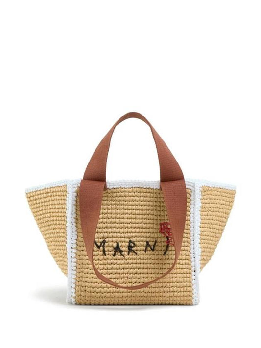 Embroidered Logo Woven Tote Bag Beige - MARNI - BALAAN 1