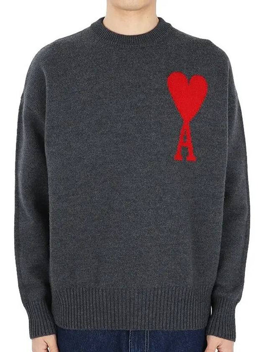 Big Heart Logo Wool Knit Top Grey - AMI - BALAAN.