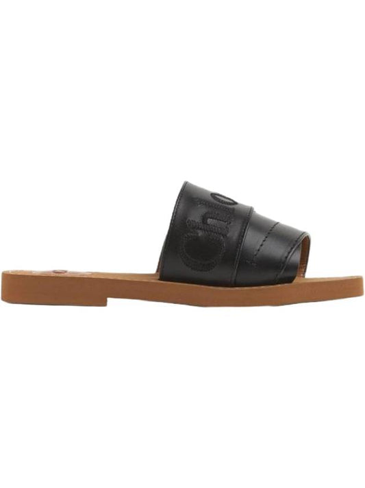 Woody Logo Leather Flat Slippers Black - CHLOE - BALAAN.