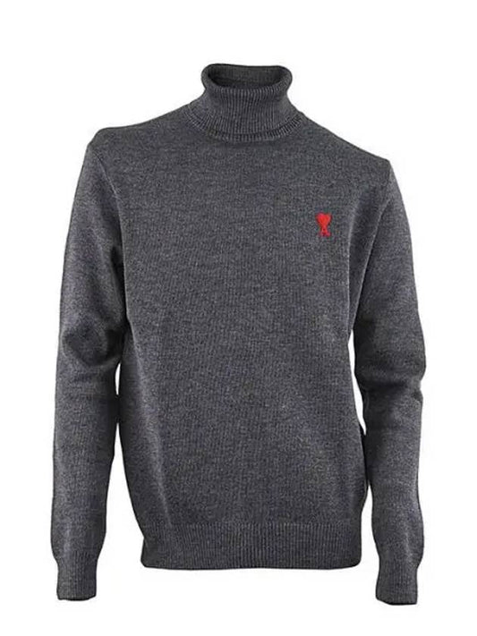 Small Heart Logo Extrafine Merino Wool Turtleneck Heather Grey - AMI - BALAAN 2