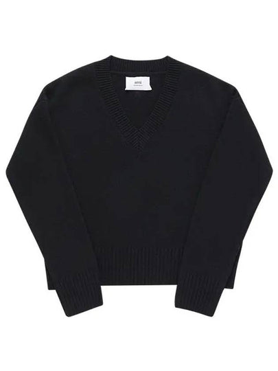 Crop Wool Cashmere Blend Knit Top Black - AMI - BALAAN 2