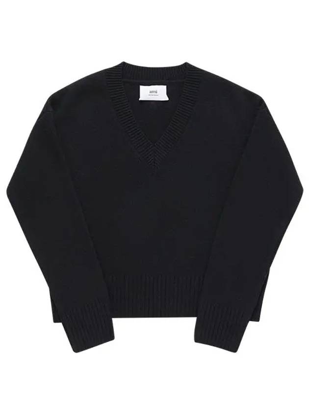 Crop Wool Cashmere Blend Knit Top Black - AMI - BALAAN 6