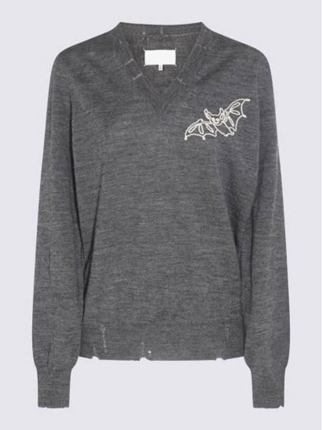 Bat Embroidered V-neck Wool Knit Top Dark Grey - MAISON MARGIELA - BALAAN 2