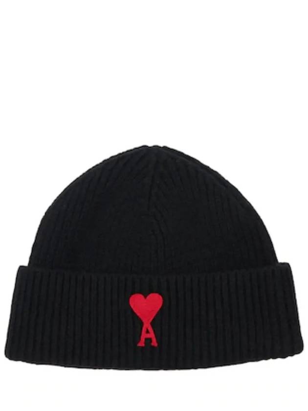 Embroidered Heart Logo Wool Beanie Black - AMI - BALAAN 3