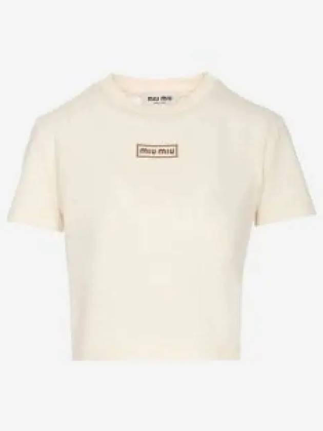 Logo Patch Crop Cotton Short Sleeve T-shirt Light Beige - MIU MIU - BALAAN 2