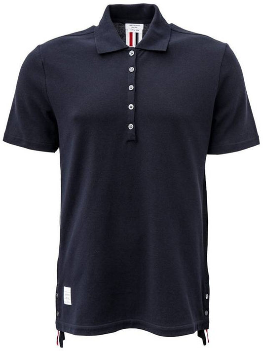 Classic Pique Center Back Stripe Relaxed Fit Short Sleeve Polo Shirt Navy - THOM BROWNE - BALAAN 1