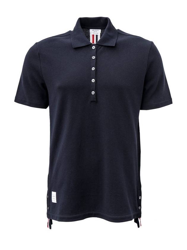 Classic Pique Center Back Stripe Relaxed Fit Short Sleeve Polo Shirt Navy - THOM BROWNE - BALAAN 1