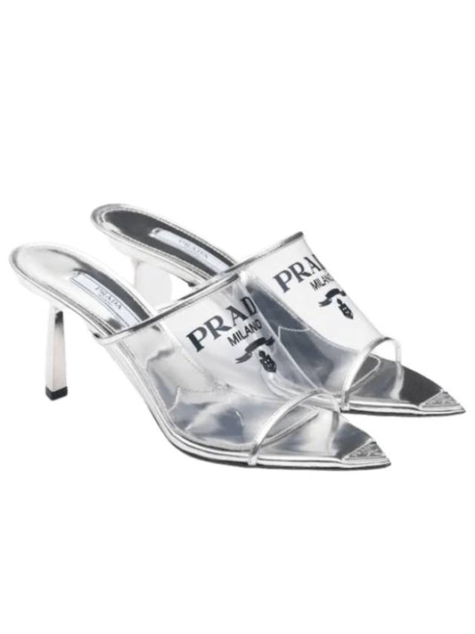 Logo Print Plexiglass Sandals Heel Silver - PRADA - BALAAN 1