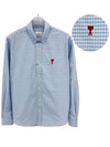 Small Heart Logo Gingham Button Long Sleeves Shirt Sky Blue - AMI - BALAAN 2