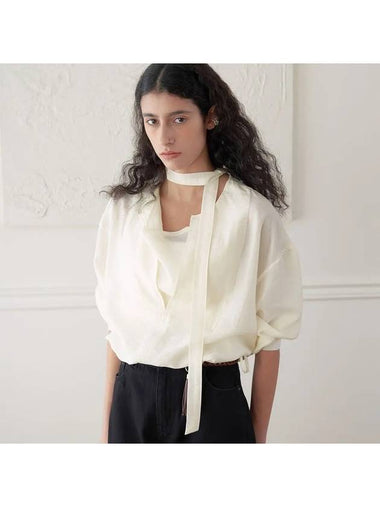 Silk Draped Scarf Blouse Cream - NOIRER FOR WOMEN - BALAAN 1