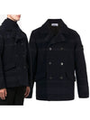 Wappen Patch Wool Blend Double Breasted Jacket Navy - STONE ISLAND - BALAAN.