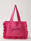 Women's Crochet Ruffle Embroidered Logo Cotton Tote Bag Shocking Pink - GANNI - BALAAN 2