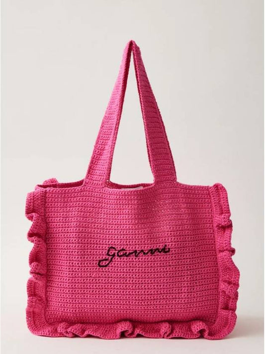 Women's Crochet Ruffle Embroidered Logo Cotton Tote Bag Shocking Pink - GANNI - BALAAN 2