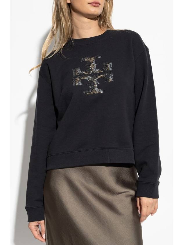 Tory Burch Sweatshirt With Logo Finished With Shimmering Sequins, Women's, Black - TORY BURCH - BALAAN 3