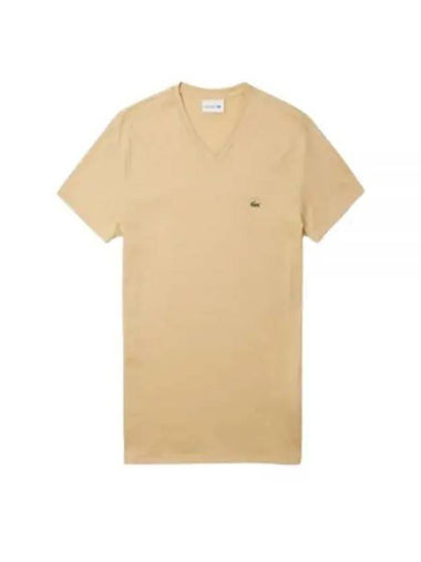 Men's Logo V-Neck Short Sleeve T-shirt Beige - LACOSTE - BALAAN 1