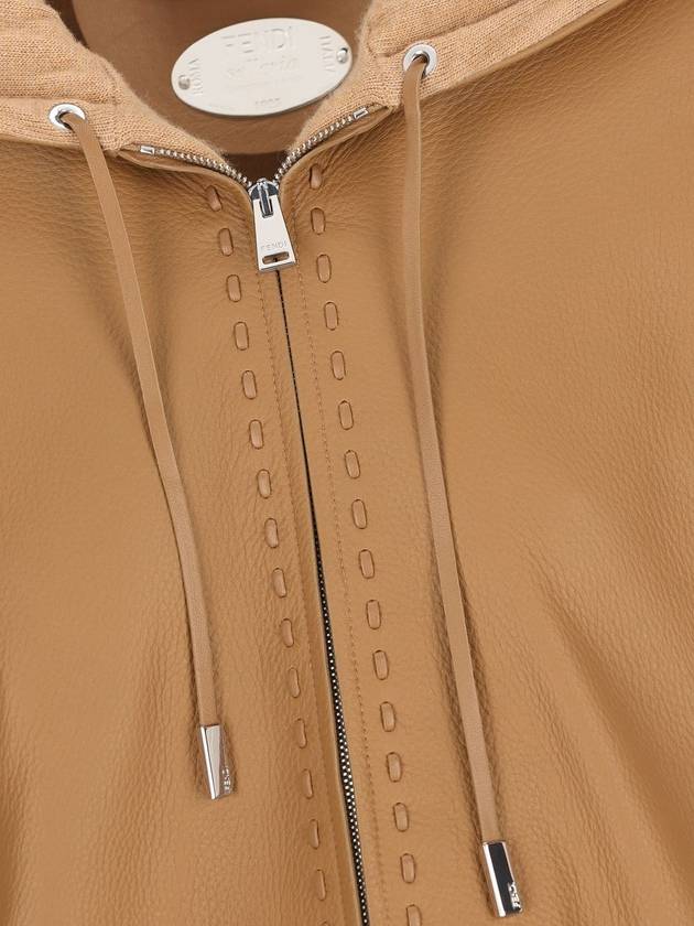 Leather Zip Up Hoodie Beige - FENDI - BALAAN 4