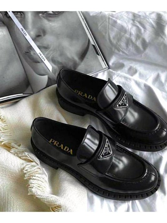 Triangle Logo Chocolate Brushed Leather Loafers Black - PRADA - BALAAN 2