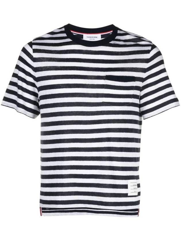 Striped Linen Short Sleeve T-Shirt White Navy - THOM BROWNE - BALAAN 1