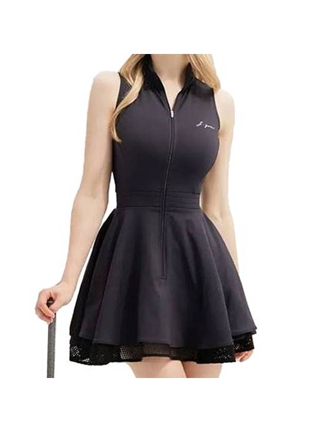 Women's Golf Wear Front Zipper Double Flare Dress Black - J JANE - BALAAN 1