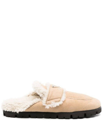 Women's Triangle Logo Shearling Lining Slippers Ecru - PRADA - BALAAN 2