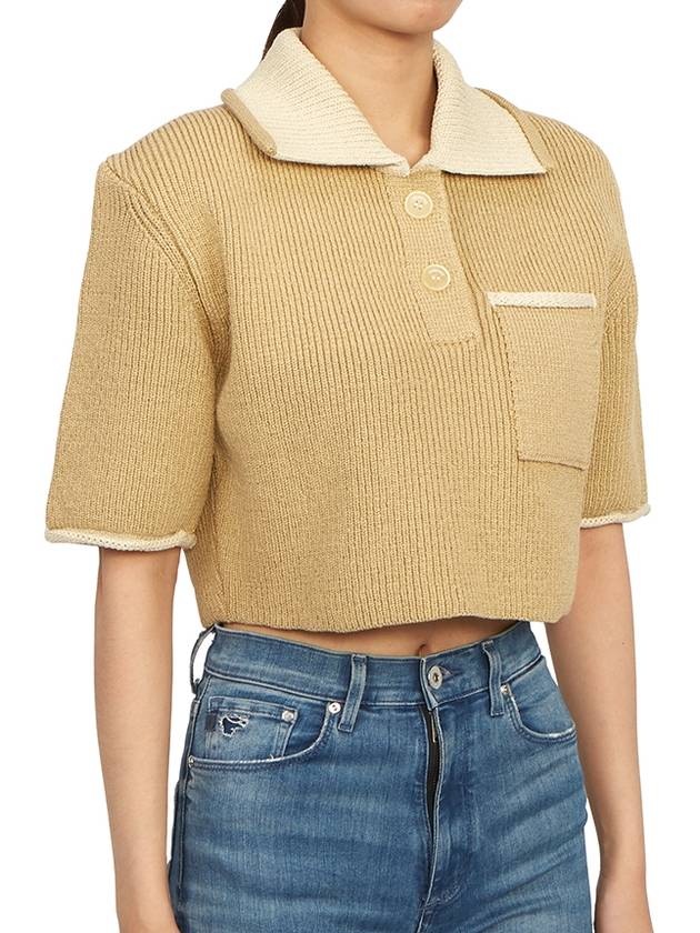 Le Maille Arco Contrasted Cropped Knit Polo Shirt Beige - JACQUEMUS - BALAAN 4