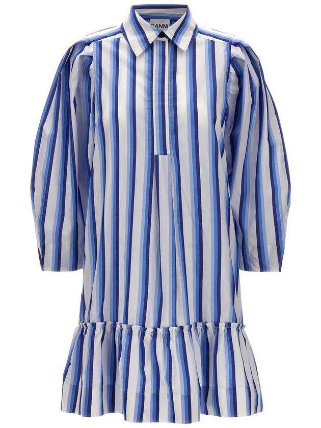 Striped Mini Cotton Short Dress Silver Lake Blue - GANNI - BALAAN 2