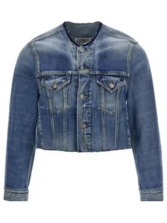 Women's Collarless Cropped Denim Jacket Blue - MAISON MARGIELA - BALAAN 2