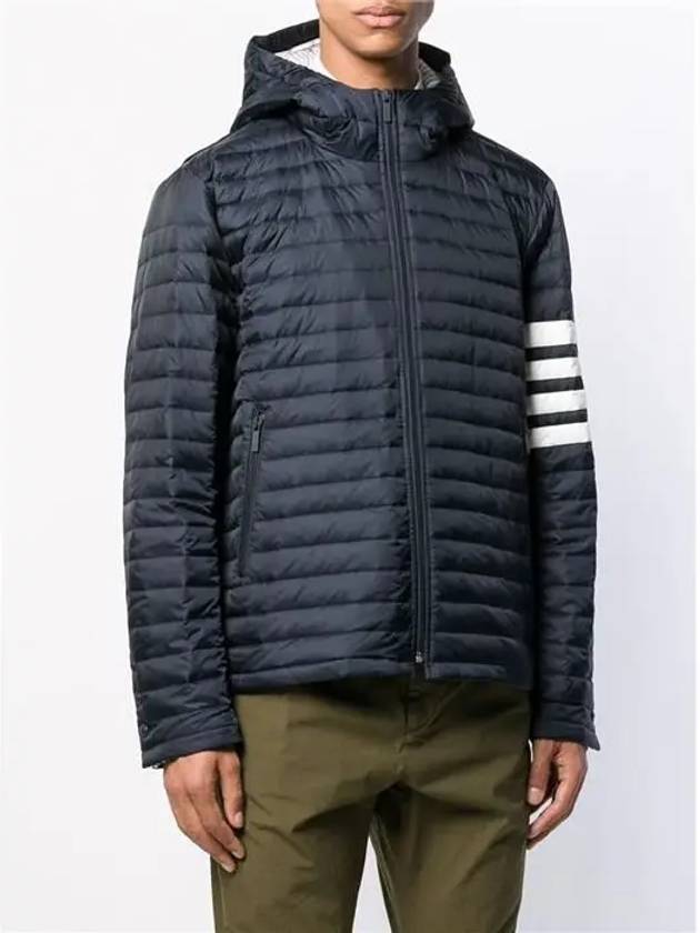 Matte Nylon 4-Bar Stripe Downfill Quilted Hoodie Padding Navy - THOM BROWNE - BALAAN 4