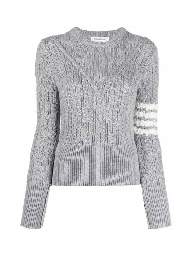 Women's 4 Bar Irish Pointelle Cable Merino Wool Knit Top Grey - THOM BROWNE - BALAAN 3