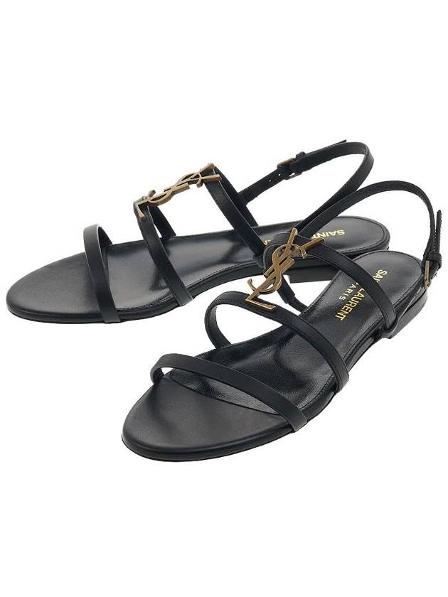 Women's Smooth Leather Gold Tone Monogram Detail Cassandra Flat Sandals Black - SAINT LAURENT - BALAAN 2