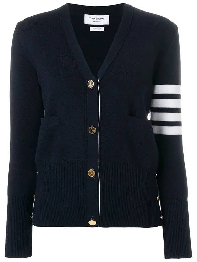 Milano Stitch 4 Bar Classic V Neck Fine Merino Wool Cardigan Navy - THOM BROWNE - BALAAN 2