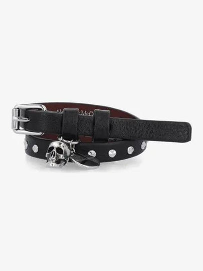 Men's Silver Skull Stud Double Leather Bracelet Black - ALEXANDER MCQUEEN - BALAAN 2