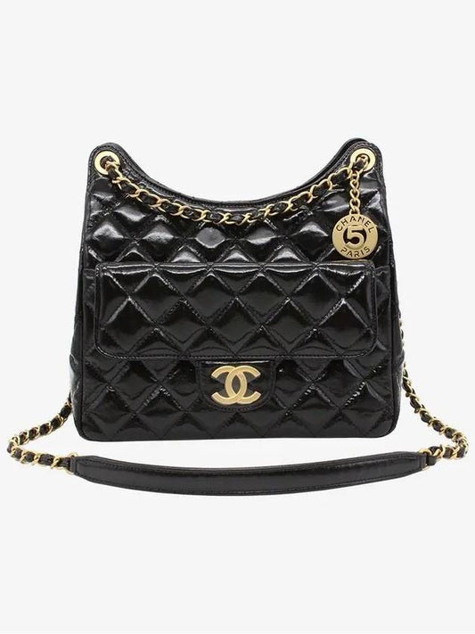 Hobo Handbag Shiny Crumpled Calfskin Gold Black - CHANEL - BALAAN 2