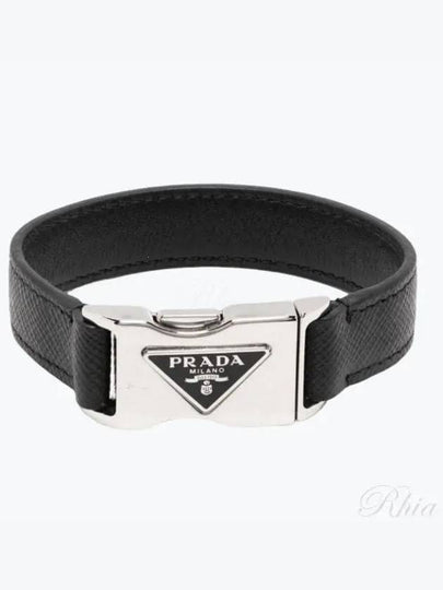 Triangle Logo Buckle Saffiano Leather Bracelet Black - PRADA - BALAAN 2