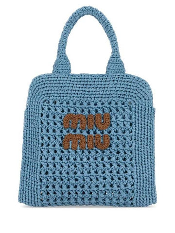 Raffia Effect Crochet Fabric Tote Bag Celeste Cognac - MIU MIU - BALAAN 1