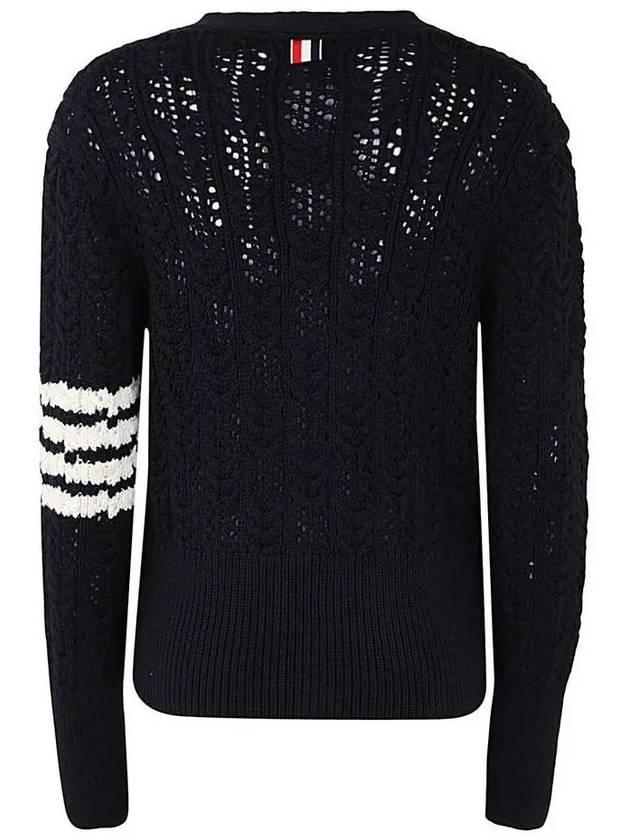 Women's Irish Pointelle Cable 4 Bar V Neck Cardigan Navy - THOM BROWNE - BALAAN 4