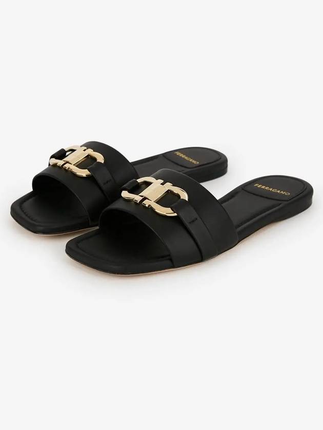 Gancini Ornament Flat Slide Black - SALVATORE FERRAGAMO - BALAAN 3