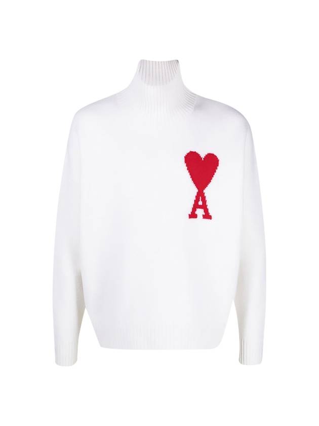 Big Heart Logo Overfit Knit Turtleneck White - AMI - BALAAN.