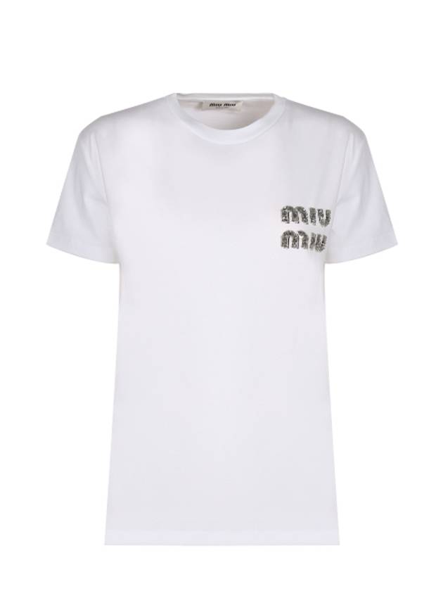 Embroidered Logo Cotton Short Sleeved T-shirt White Crystal - MIU MIU - BALAAN 2