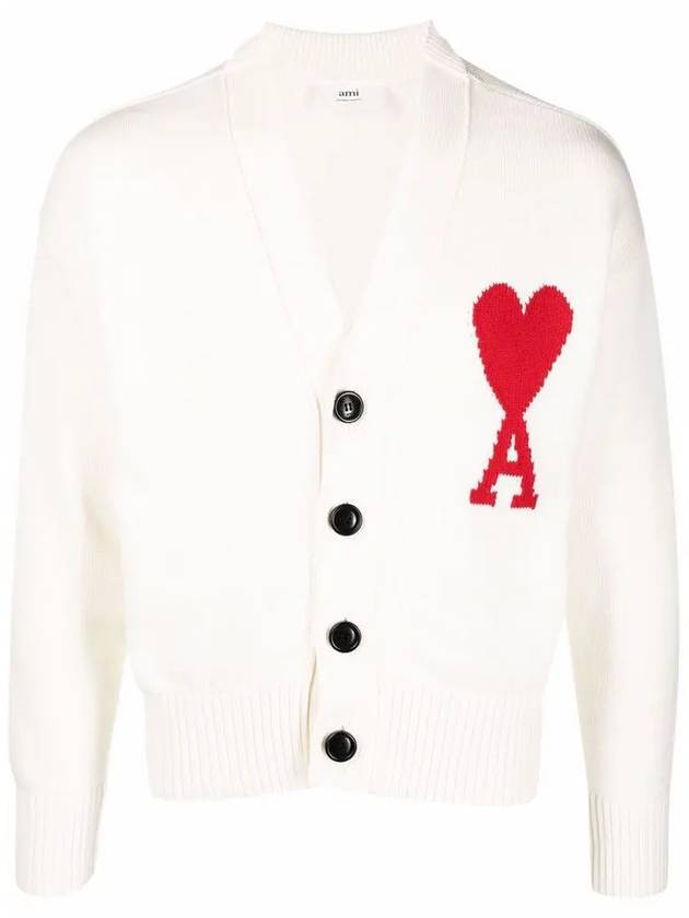 Big Heart Embroidered Logo Cardigan Pale White - AMI - BALAAN 3