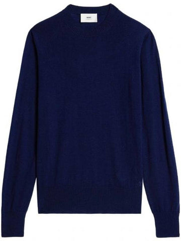 Chain Stitch Heart Logo Merino Wool Knit Top Navy - AMI - BALAAN 1