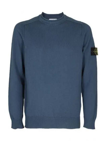 Men's Waffen Patch Crew Neck Raw Cotton Knit Top Blue - STONE ISLAND - BALAAN 2